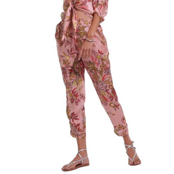 NEW POUPETTE ST. BARTH Women's Pant Bel Pink Leo Forest Viscose Satin Size S